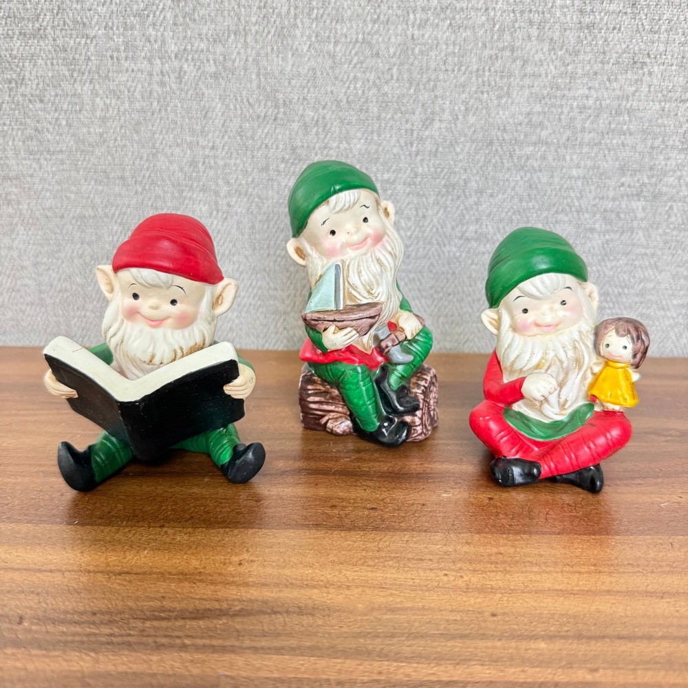 Vintage Whimsical Hand Painted Homco Christmas Elves Gnome 3 Figurines Taiwan